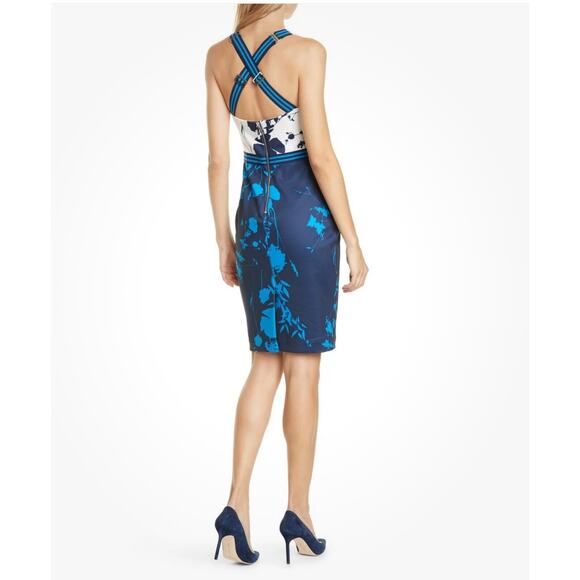 TED BAKER TILLIAI BLUEBELL NAVY AND CREAM BODYCON DRESS W SUSPENDERS SZ 3 US8-10 - Picture 2 of 14